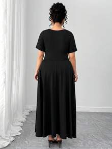 Elenzga Plus Size Women Asymmetrical Neckline Floral Decor Short Sleeve French Chic Midi Dress - Black - View 2