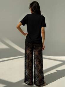 Aloruh Conjunto de camisa de manga corta con escote en V sexy y pantalones rectos de encaje transparente para mujer, para el verano - Negro - Ver 2