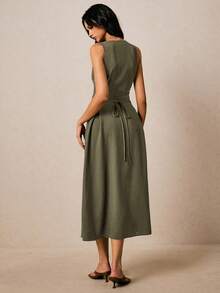 Poéselle Solid Color Front Button Crew Neck Casual Sleeveless Dress Sage Dress Women Womens Midi Dress Army Green Dress Women Khaki Dress Women Olive Dress - Army Green - View 2