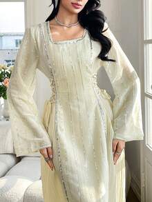 Al Najma Women's Sequin Patchwork Square Neck Long Sleeve Side Tie Waist Elegant Arabic Style Dress - Apricot - View 3