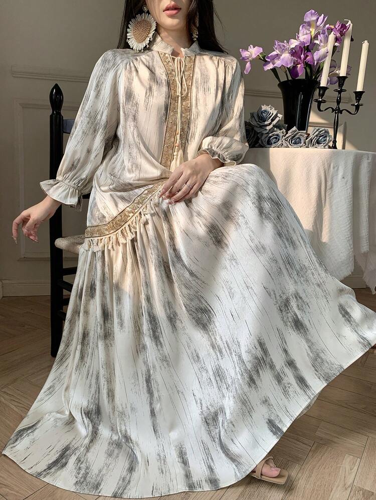 Floral Print Fringe Trim Gold Edge Decor 3/4 Sleeve Loose Dress, Elegant Resort Wear For Women, Spring/Summer Sundress
