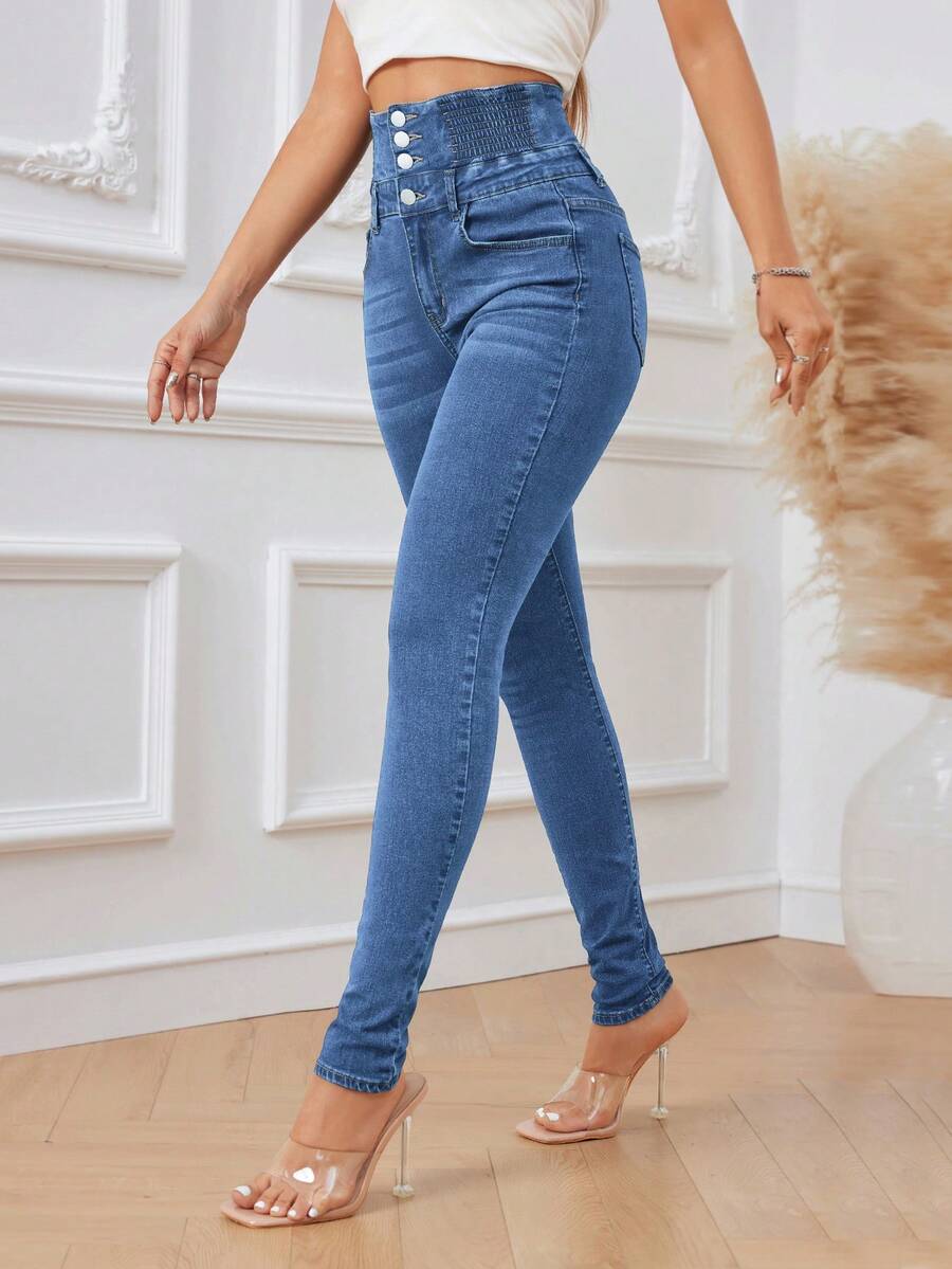 SHEIN Tall 纯色高腰修身百搭休闲牛仔裤 - 中等水洗藍 - 查看 1