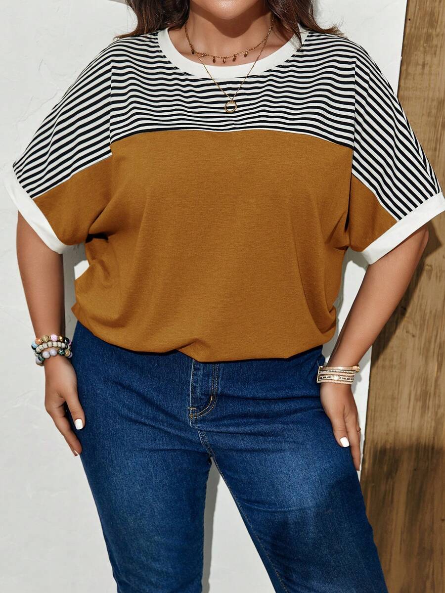 EMERY ROSE Áo thun tay cánh dơi kẻ sọc dành cho nữ cỡ lớn, thích hợp cho mùa xuân. - Màu vàng - Xem 1