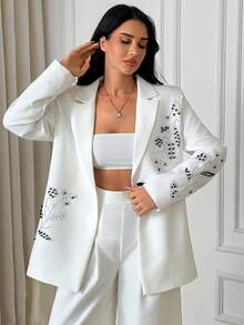 EURMUSE Women Rhinestone Detailed Single Button Blazer - White - View 3