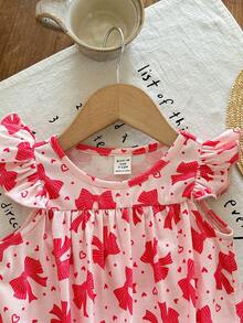 SHEIN Newborn Baby Girl Cute Summer Knitted Bow Decor Flutter Sleeve Bodysuit - Red - View 5