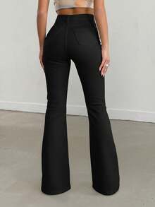 SHEIN Women's Casual Daily Solid Color Versatile Flared Jeans With Slant Pockets, Tall Women - Black - View 2