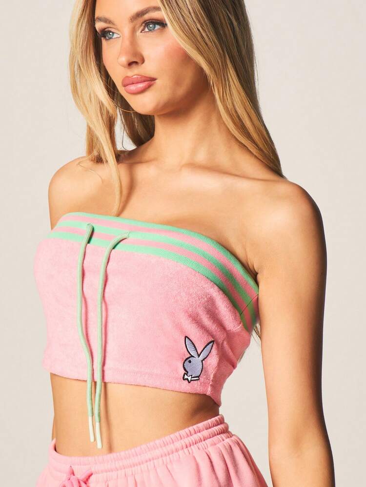 Missguided x Playboy Strapless Bandeau Crop Top With Bunny Logo Drawstring Details Contrast Stripe Trim