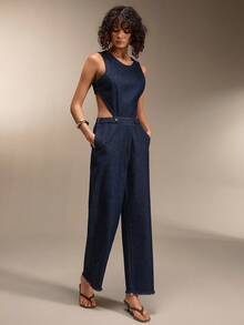 SHEIN Cottnline HÖG MIDJA Jumpsuit med utskurna detaljer MÖRKBLÅ FÄRG ELEGANT STIL - Mörktvätt - Visa 5