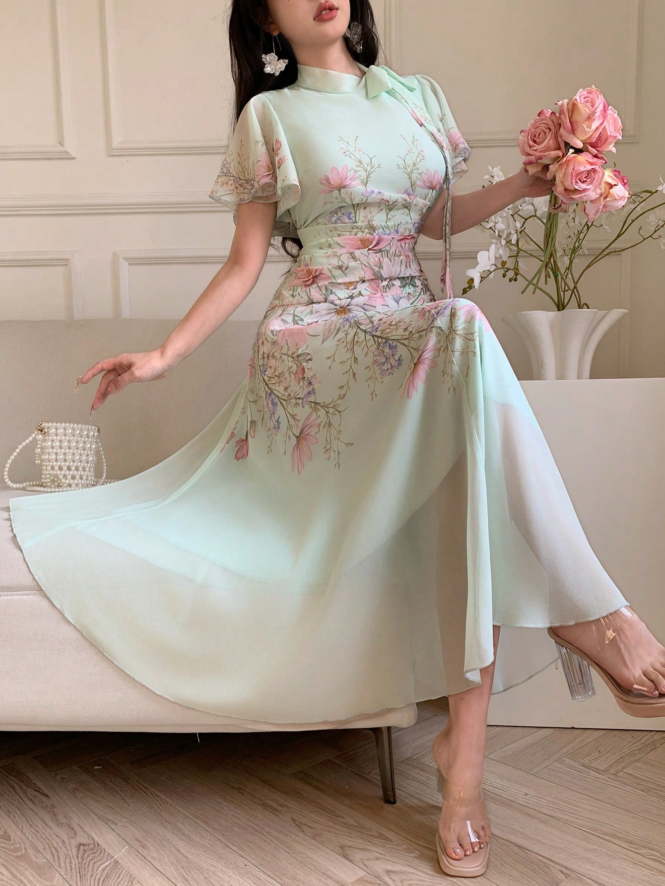 Modelyn فستان نسائي بطبعة مطبوعة مجعد مع ربطة الخص...
