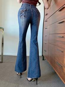 FRIFUL 女士休闲水洗交叉系带喇叭牛仔裤 - 藍色 - 查看 3