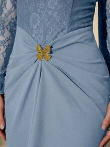Modelyn Women Elegant Blue Floral Lace Bodice Midi Dress,Spring And Summer Long Sleeve High Neck Party Gown With Butterfly Buckle & Modest A-Line Silhouette - Blue - View 6
