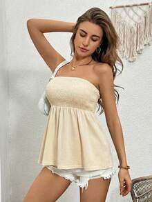 SHEIN Essnce 女士休闲纯色抹胸上衣 - 杏色 - 查看 5