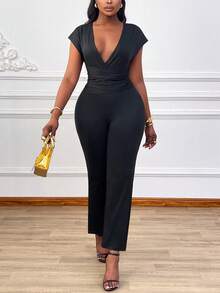 Xyvia Bộ jumpsuit nữ màu trơn cổ chữ V, dây đeo vai, thắt eo, ống rộng - màu đen - Xem 4