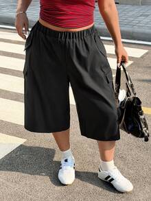 Muchica Plus Size Women's Black Solid Color Elastic Waist Pockets Casual Cargo Capri Pants,Summer Everyday Versatile For Daily Wear,Spring Break, - Black - View 4