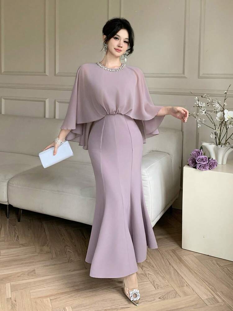 Women's Rhinestone Decor Waist Cinched Elegant Long Dress Sundress