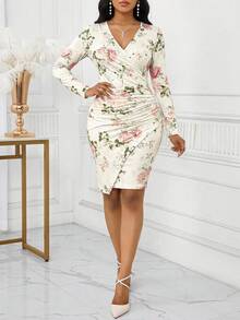 SHEIN Lady Vestido midi elegante feminino com decote em V, estampa floral e cintura franzida, ideal para festas e eventos. - Multicolorido - Ver 5