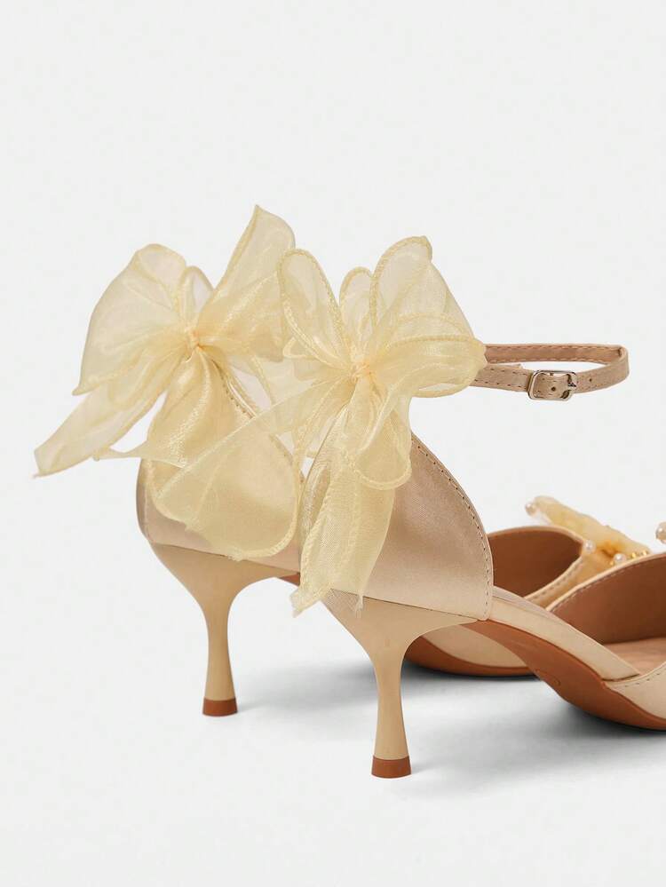 CUCCOO HITCHD 女士鞋履春夏新款仙女花珍珠水钻装饰尖头细跟蝴蝶结搭扣6厘米高跟鞋优雅缎面婚宴约会纯色日常温柔百搭 - 香檳色E - 查看 3