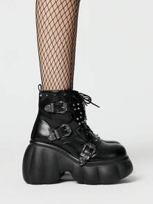 ROMWE Grunge Punk Women's Punk Style Ankle Boots, Round Toe Rivet Buckle Front Lace-Up, Hidden Wedge Heel, Versatile Boots For Short Women, Autumn/Winter 2026 New Arrival Y2K 2000s Style - Black - View 4
