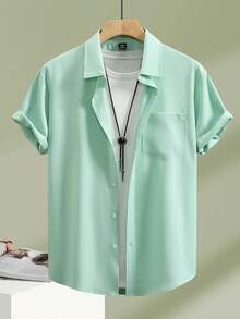 Manfinity Homme Chemise décontractée à manches courtes et boutonnée de couleur unie pour hommes, idéale pour les vacances - Vert menthe - Voir 3