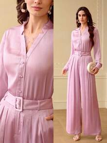 ZEYLAH 两件套印花衬衫，饰有3D立体花卉图案，搭配宽松薄纱阔腿裤，春夏款 - 紫色 - 查看 7