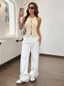 SHEIN EZwear Áo thun dệt kim trơn màu dáng suông không tay, hở lưng, cổ yếm dành cho nữ, thích hợp cho mùa hè, kiểu dáng thanh lịch. - Màu be - Xem 4