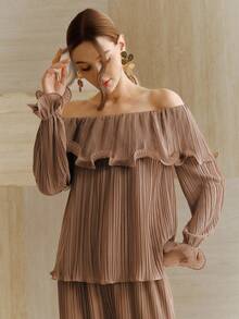 Anewsta Spring/Summer New Vacation Ruffle Off Shoulder Fashionable Elegant Casual Women Top - Mocha Brown - View 5