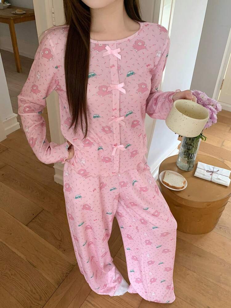 2pcs/Set Women Cute Bear & Ditsy Floral Full Graphic Long Sleeve T-Shirt And Loose Straight Leg Long Pants Pajama Set, Spring/Autumn