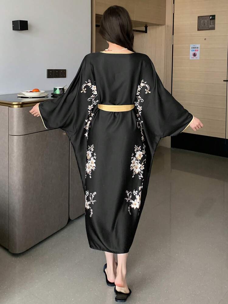 Elegant Floral Print Cinched Waist Loose Long Women Nightgown