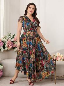 Reflora 大码女士优雅印花连衣裙，夏季婚礼宾客礼服 - 彩色 - 查看 8