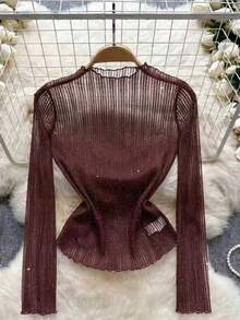 Elenzga Blusa brillante de tela transparente y textura con dobladillo enrollado para mujer de talla grande - Burdeos - Ver 5