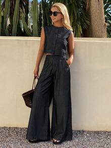 DAZY Women's Minimalist Denim Camisole & Wide Leg Pants Set - Black - View 7