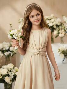 SHEIN 女童可爱优雅浅紫色无袖中长连衣裙，适合派对、假日、正式场合、婚礼、生日、演出及其他活动 - 杏色 - 查看 3