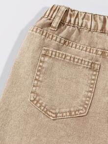 SHEIN Tween Girl Y2K Street Daily Elastic Waist Straight Jeans With Flat Pockets, Daily OOTD Baggy Jeans Khaki Jeans Wide Leg Jeans - Khaki - View 4