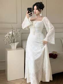 DAZY French Style Square Collar Lace Jacquard Dress, Waist Cinching, Slimming, Long Sleeve, Summer New Arrival, Wedding Guest Dress Women Dress Sundress - Beige - View 6