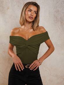 COSMINA Women's Solid Color Off-Shoulder Twist Design Bodysuit - Green - View 6