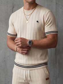 Airaco 夏季庆典季男士刺绣米色条纹针织Polo衫，街头休闲舒适装扮 - 杏色 - 查看 7
