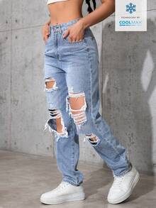 SHEIN ICON Celana Jeans Denim Wanita Kasual Sehari-hari dengan Saku Miring dan Model Sobek - Light Wash - View 4