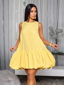 SOLERSUN Women's Elegant Scoop Neck Chic Ruffled Hem Summer Party Outfit Puffball Mini Dress - Yellow - View 3