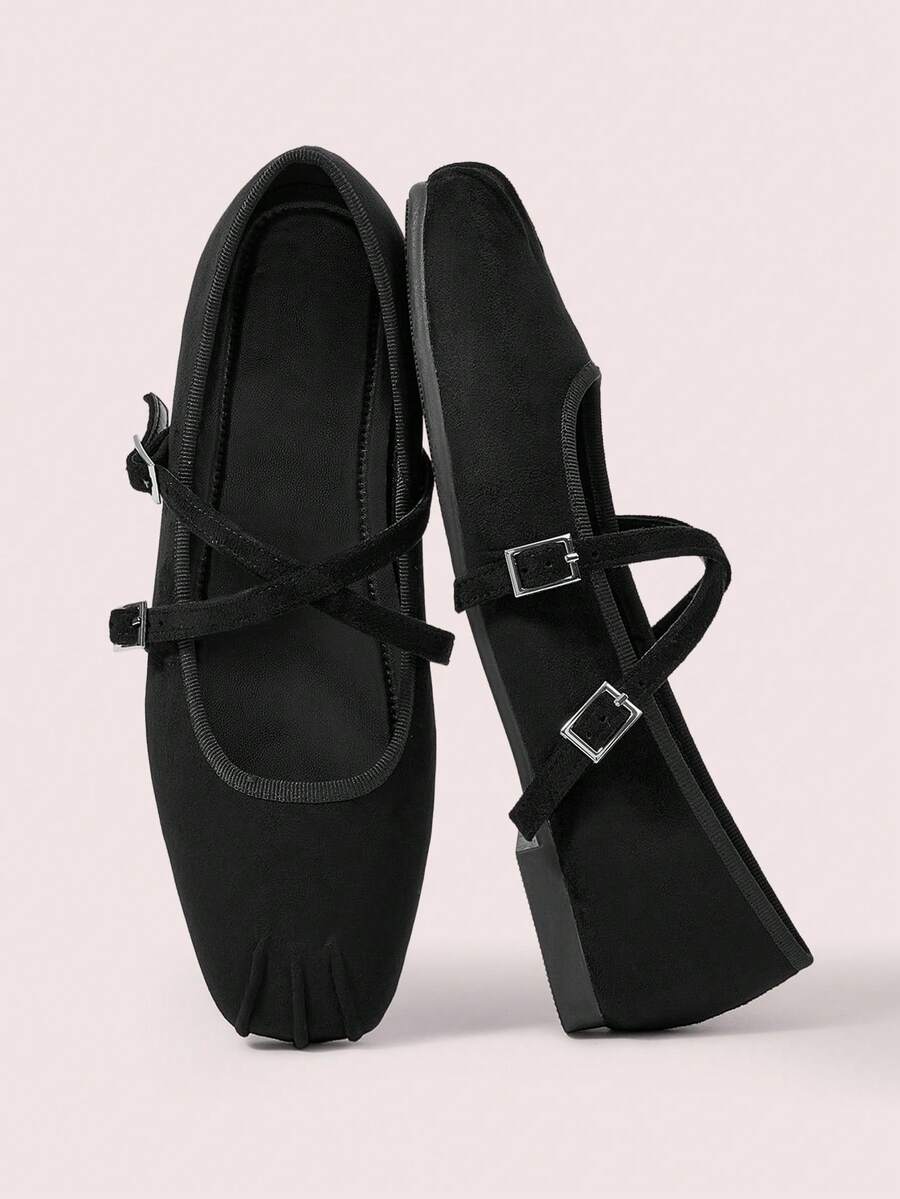 CUCCOO DOLLMOD Women's Shoes Black Square Toe Characteristic Pleated Suede Cross Strap Mary Jane Low Vamp Ballet Flats - Black - View 1