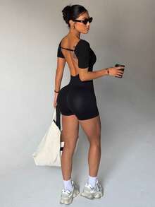 Dewbera 女士无缝性感高弹力运动连体裤，瑜伽健身连体裤 - 黑色 - 查看 4