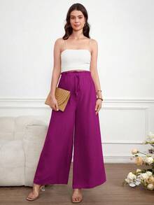 GentleRue Maternity 孕妇纯色抽绳腰带可调节休闲百搭阔腿裤 - 中紫紅色 - 查看 4