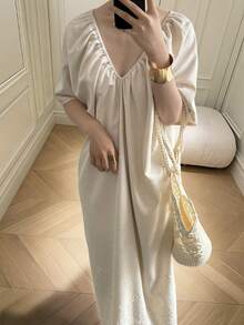 DAZY Women's Casual Solid Color V-Neck Hollow Embroidery Detail Summer Dress Sun Dresses For Women - Apricot - View 1