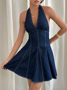 Siren Gaze 女士性感深V领牛仔连衣裙 - 深色水洗藍 - 查看 7