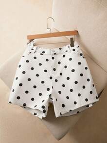 Elaquor Plus Size Women Polka Dot Print Pocket Loose Denim Shorts Jorts - White - View 4