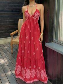 Sunnyshic 女士红色佩斯利腰果花深V领露背系带性感浪漫沙滩度假连衣裙 - 紅色 - 查看 6