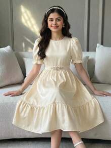 Teen Girl Spring/Summer Elegant Fitted Puff Short Sleeve Blouse & Delicate Rhinestone Patchwork Tiered Skirt Set, Apricot, Suitable For Wedding Season, Day Party, Gathering, KIDS - Apricot - View 2