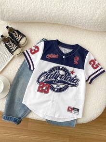 Young Boy Letter & Number Print Casual Round Neck Woven Shirt - Multicolor - View 3