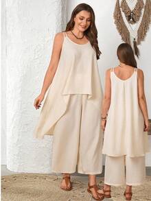 EMERY ROSE Women's Plus Size White Summer Smart Casual Vacation Outfit Sets,Solid Color Camisole & Pants 2 Pieces Set,Beach Peplum Spring Country Concert Outfit - Apricot - View 10