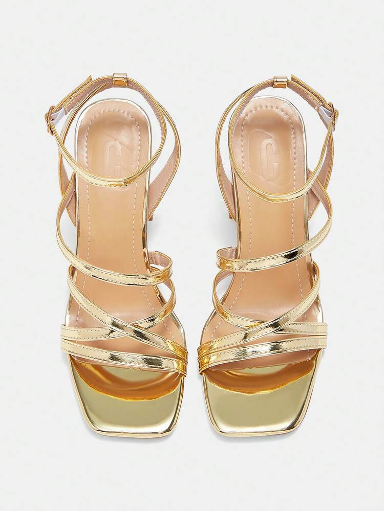 CUCCOO CURVES Women Shoes Wide Fit Square Toe Thick High Heel Gold Ankle Strap Thin Strap Stylish Sexy Comfortable Commuter Women High Heel Sandals Plus Size