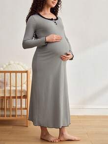 Moonlight&Mama Chemise de nuit à manches longues pour femmes enceintes, avec boutons, empiècement en dentelle et couleurs contrastées - Gris - Voir 6